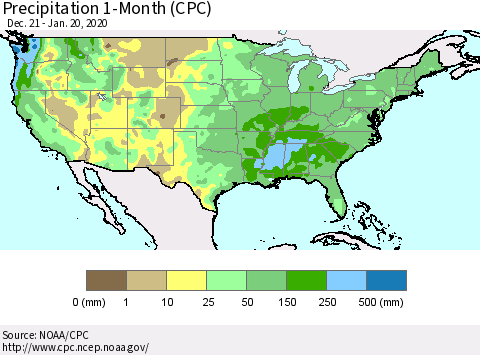 United States Precipitation 1-Month (CPC) Thematic Map For 12/21/2019 - 1/20/2020