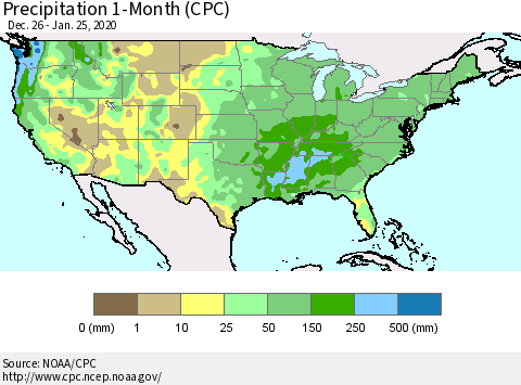 United States Precipitation 1-Month (CPC) Thematic Map For 12/26/2019 - 1/25/2020