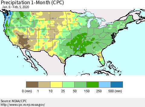 United States Precipitation 1-Month (CPC) Thematic Map For 1/6/2020 - 2/5/2020