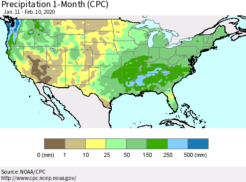 United States Precipitation 1-Month (CPC) Thematic Map For 1/11/2020 - 2/10/2020