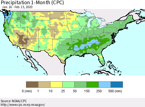 United States Precipitation 1-Month (CPC) Thematic Map For 1/16/2020 - 2/15/2020