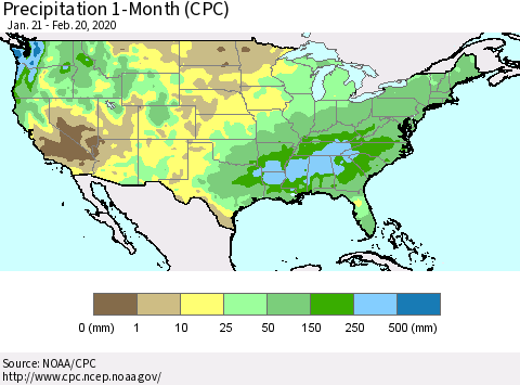 United States Precipitation 1-Month (CPC) Thematic Map For 1/21/2020 - 2/20/2020