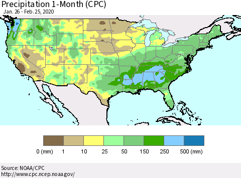 United States Precipitation 1-Month (CPC) Thematic Map For 1/26/2020 - 2/25/2020