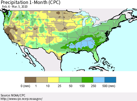 United States Precipitation 1-Month (CPC) Thematic Map For 2/6/2020 - 3/5/2020