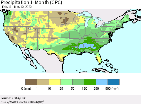United States Precipitation 1-Month (CPC) Thematic Map For 2/11/2020 - 3/10/2020
