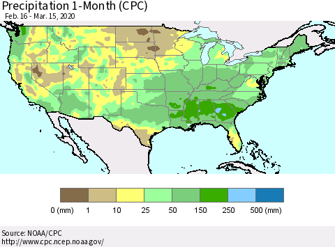 United States Precipitation 1-Month (CPC) Thematic Map For 2/16/2020 - 3/15/2020