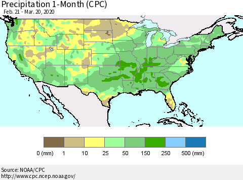 United States Precipitation 1-Month (CPC) Thematic Map For 2/21/2020 - 3/20/2020
