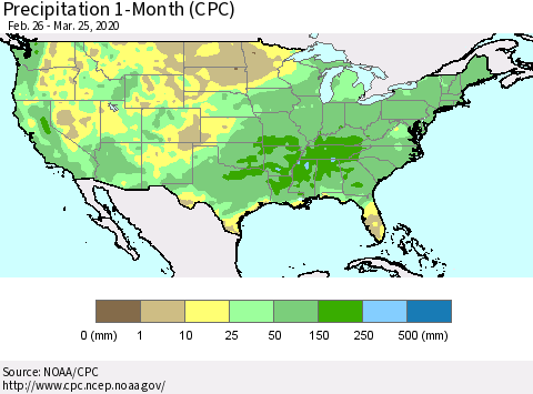 United States Precipitation 1-Month (CPC) Thematic Map For 2/26/2020 - 3/25/2020