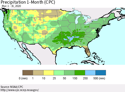 United States Precipitation 1-Month (CPC) Thematic Map For 3/1/2020 - 3/31/2020