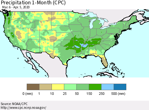 United States Precipitation 1-Month (CPC) Thematic Map For 3/6/2020 - 4/5/2020