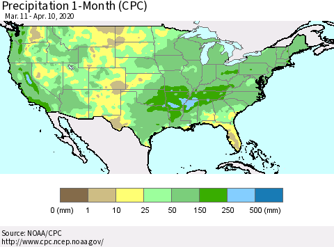 United States Precipitation 1-Month (CPC) Thematic Map For 3/11/2020 - 4/10/2020