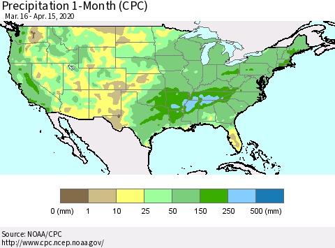United States Precipitation 1-Month (CPC) Thematic Map For 3/16/2020 - 4/15/2020