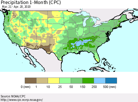 United States Precipitation 1-Month (CPC) Thematic Map For 3/21/2020 - 4/20/2020