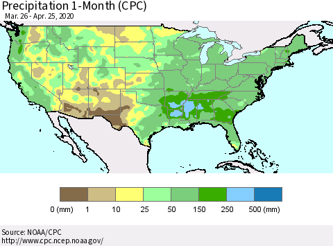 United States Precipitation 1-Month (CPC) Thematic Map For 3/26/2020 - 4/25/2020