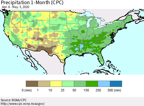 United States Precipitation 1-Month (CPC) Thematic Map For 4/6/2020 - 5/5/2020