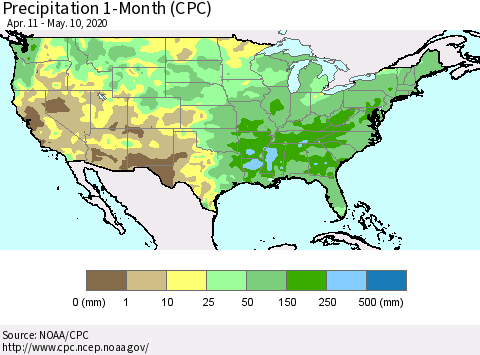 United States Precipitation 1-Month (CPC) Thematic Map For 4/11/2020 - 5/10/2020