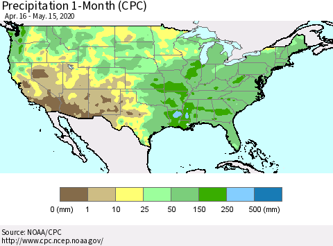 United States Precipitation 1-Month (CPC) Thematic Map For 4/16/2020 - 5/15/2020
