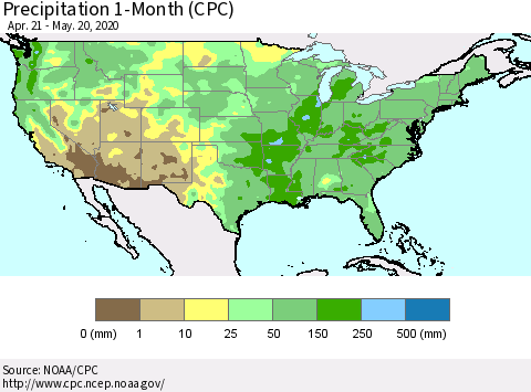 United States Precipitation 1-Month (CPC) Thematic Map For 4/21/2020 - 5/20/2020