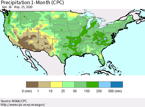 United States Precipitation 1-Month (CPC) Thematic Map For 4/26/2020 - 5/25/2020