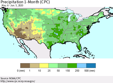United States Precipitation 1-Month (CPC) Thematic Map For 5/6/2020 - 6/5/2020