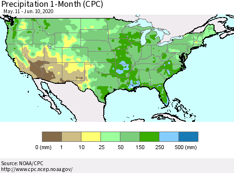 United States Precipitation 1-Month (CPC) Thematic Map For 5/11/2020 - 6/10/2020