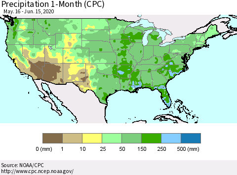 United States Precipitation 1-Month (CPC) Thematic Map For 5/16/2020 - 6/15/2020