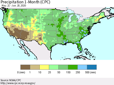 United States Precipitation 1-Month (CPC) Thematic Map For 5/21/2020 - 6/20/2020