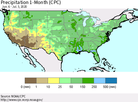 United States Precipitation 1-Month (CPC) Thematic Map For 6/6/2020 - 7/5/2020