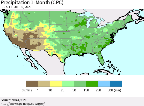United States Precipitation 1-Month (CPC) Thematic Map For 6/11/2020 - 7/10/2020