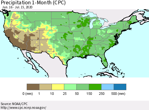 United States Precipitation 1-Month (CPC) Thematic Map For 6/16/2020 - 7/15/2020