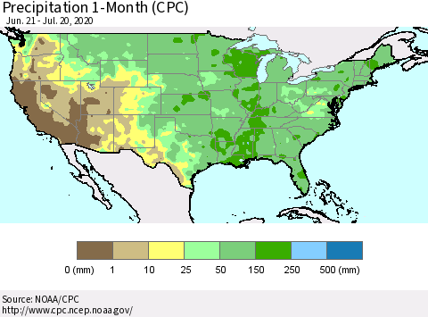 United States Precipitation 1-Month (CPC) Thematic Map For 6/21/2020 - 7/20/2020