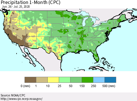 United States Precipitation 1-Month (CPC) Thematic Map For 6/26/2020 - 7/25/2020