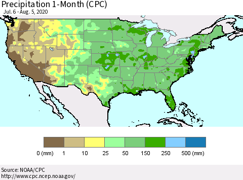 United States Precipitation 1-Month (CPC) Thematic Map For 7/6/2020 - 8/5/2020