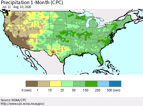 United States Precipitation 1-Month (CPC) Thematic Map For 7/11/2020 - 8/10/2020