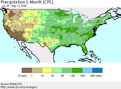 United States Precipitation 1-Month (CPC) Thematic Map For 7/16/2020 - 8/15/2020