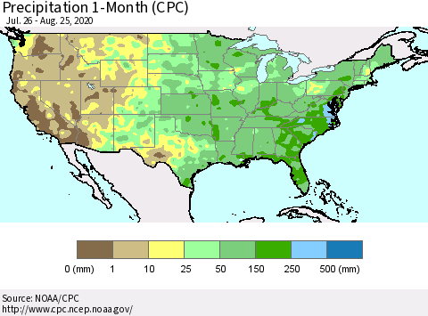 United States Precipitation 1-Month (CPC) Thematic Map For 7/26/2020 - 8/25/2020