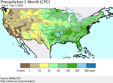 United States Precipitation 1-Month (CPC) Thematic Map For 8/6/2020 - 9/5/2020