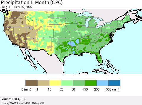 United States Precipitation 1-Month (CPC) Thematic Map For 8/11/2020 - 9/10/2020