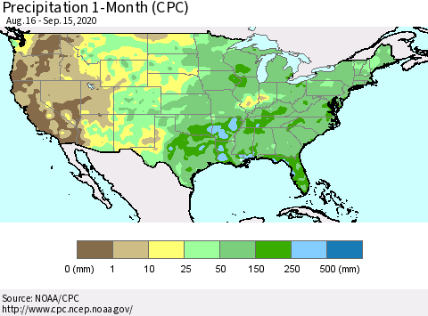 United States Precipitation 1-Month (CPC) Thematic Map For 8/16/2020 - 9/15/2020