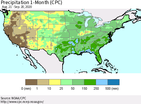 United States Precipitation 1-Month (CPC) Thematic Map For 8/21/2020 - 9/20/2020