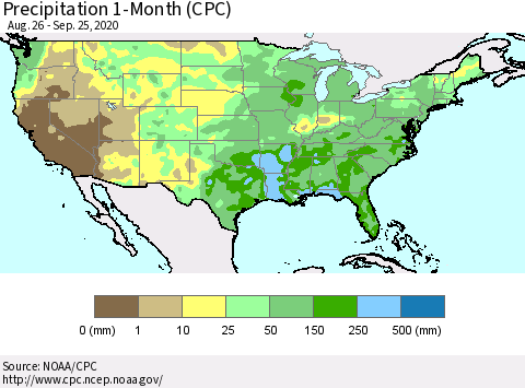 United States Precipitation 1-Month (CPC) Thematic Map For 8/26/2020 - 9/25/2020