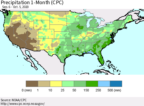 United States Precipitation 1-Month (CPC) Thematic Map For 9/6/2020 - 10/5/2020