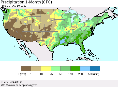 United States Precipitation 1-Month (CPC) Thematic Map For 9/11/2020 - 10/10/2020