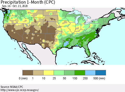 United States Precipitation 1-Month (CPC) Thematic Map For 9/16/2020 - 10/15/2020