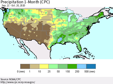 United States Precipitation 1-Month (CPC) Thematic Map For 9/21/2020 - 10/20/2020