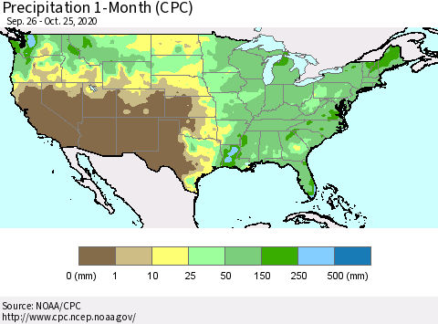 United States Precipitation 1-Month (CPC) Thematic Map For 9/26/2020 - 10/25/2020