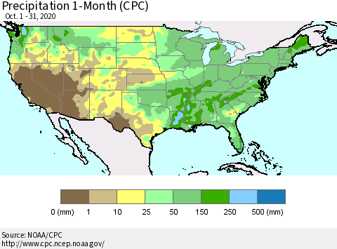 United States Precipitation 1-Month (CPC) Thematic Map For 10/1/2020 - 10/31/2020