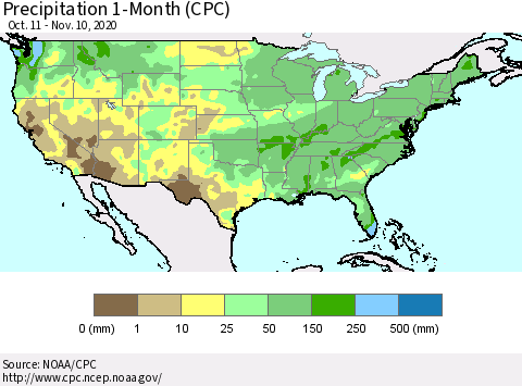 United States Precipitation 1-Month (CPC) Thematic Map For 10/11/2020 - 11/10/2020