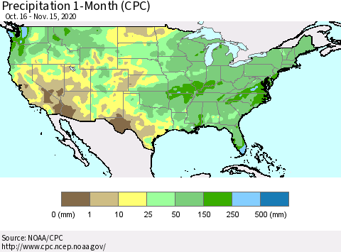 United States Precipitation 1-Month (CPC) Thematic Map For 10/16/2020 - 11/15/2020