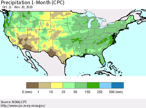 United States Precipitation 1-Month (CPC) Thematic Map For 10/21/2020 - 11/20/2020